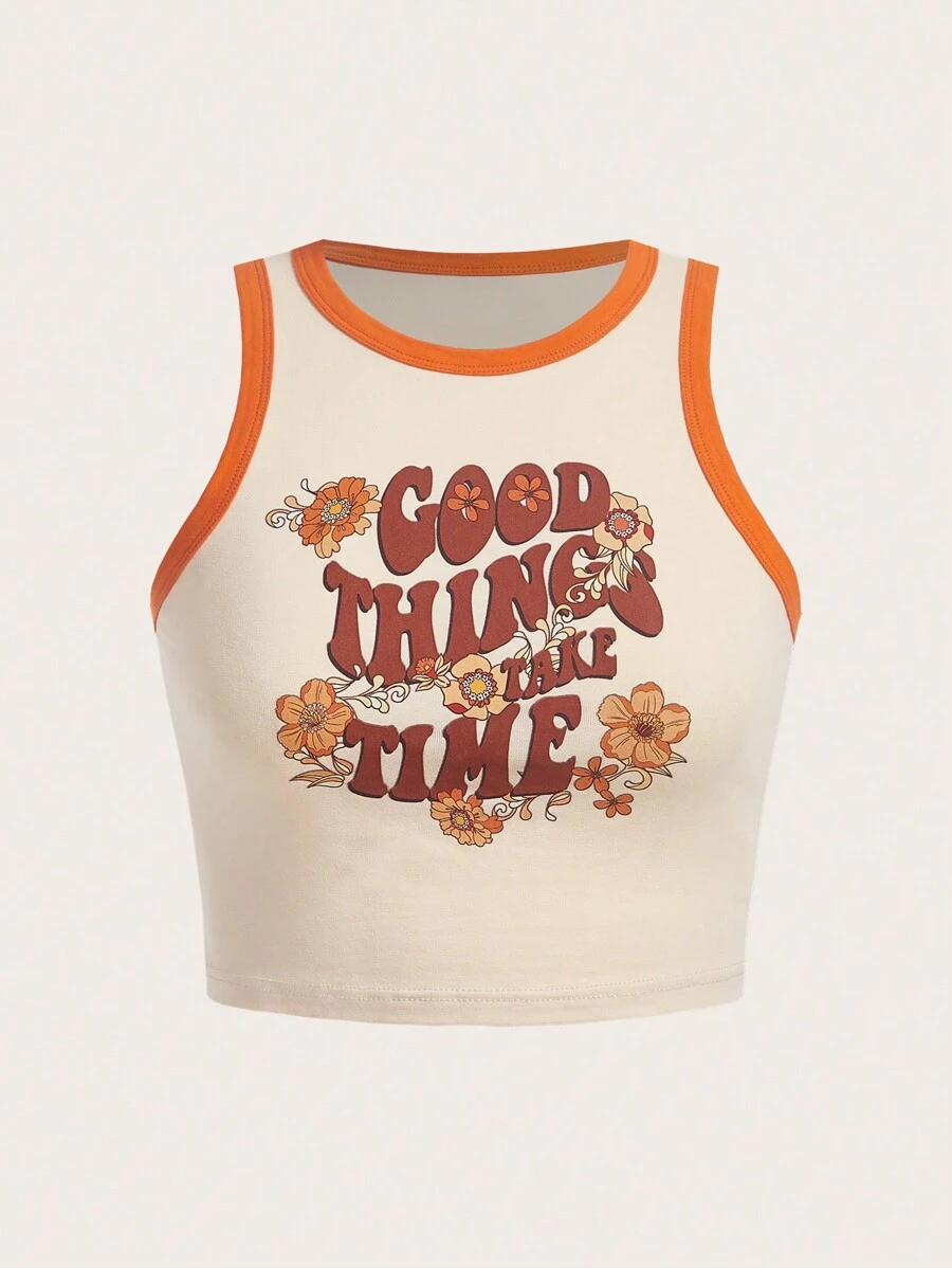 SHEIN EZwear 標語圖案撞色滾邊短款背心 - 杏色 - 查看 1