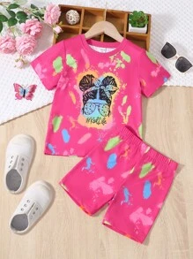 Cô Gái Trẻ Đồ họa chữ và số Áo thun & quần đùi - Màu Hồng Tươi - Xem 1