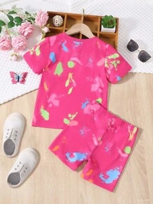 Cô Gái Trẻ Đồ họa chữ và số Áo thun & quần đùi - Màu Hồng Tươi - Xem 2