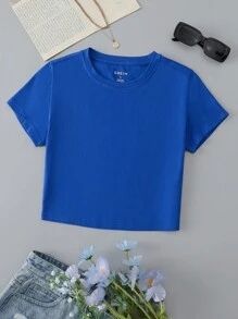INAWLY 素色圓領短款T恤 - 藍色 - 查看 1