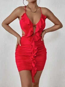 Chiquease Ruffle Trim Crisscross Tie Backless Ruched Bodycon Dress