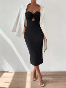 SHEIN Privé Đầm Cắt ra Xù xoắn lại màu trơn Gợi cảm - màu đen - Xem 5