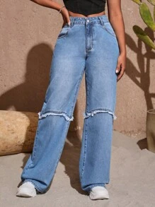 SHEIN SXY 毛邊緣闊腿牛仔褲 - 中等水洗藍 - 查看 3