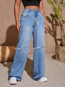 SHEIN SXY 毛邊緣闊腿牛仔褲 - 中等水洗藍 - 查看 2