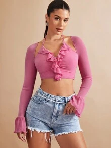 SHEIN BAE Top crop de manga con volante ribete con fruncido con cordón trasero - Rosa - Ver 3