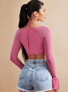 SHEIN BAE Top crop de manga con volante ribete con fruncido con cordón trasero - Rosa - Ver 2