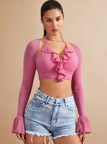 SHEIN BAE Top crop de manga con volante ribete con fruncido con cordón trasero - Rosa - Ver 5