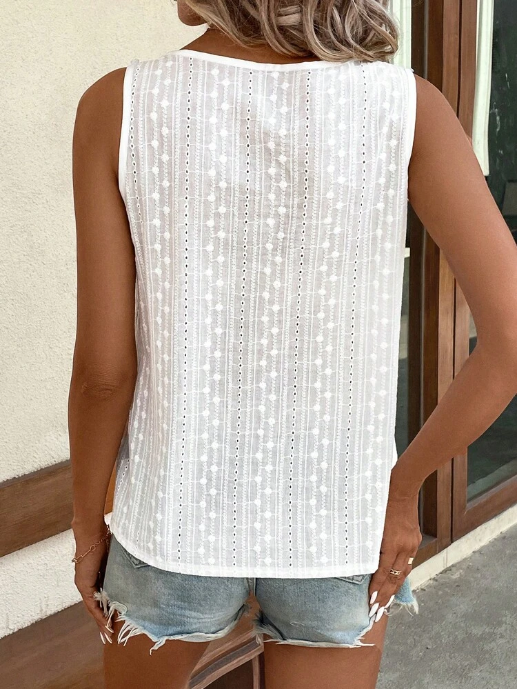 Swiss Dot Guipure Lace Panel Sleeveless Blouse