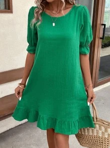 SHEIN LUNE Đầm Xù Viên lá sen màu trơn Dễ thương - màu xanh lá - Xem 7