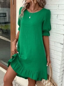 SHEIN LUNE Đầm Xù Viên lá sen màu trơn Dễ thương - màu xanh lá - Xem 3