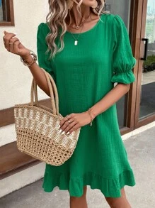 SHEIN LUNE Đầm Xù Viên lá sen màu trơn Dễ thương - màu xanh lá - Xem 4