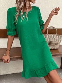 SHEIN LUNE Đầm Xù Viên lá sen màu trơn Dễ thương - màu xanh lá - Xem 5