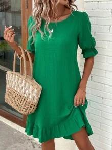 SHEIN LUNE Đầm Xù Viên lá sen màu trơn Dễ thương - màu xanh lá - Xem 1