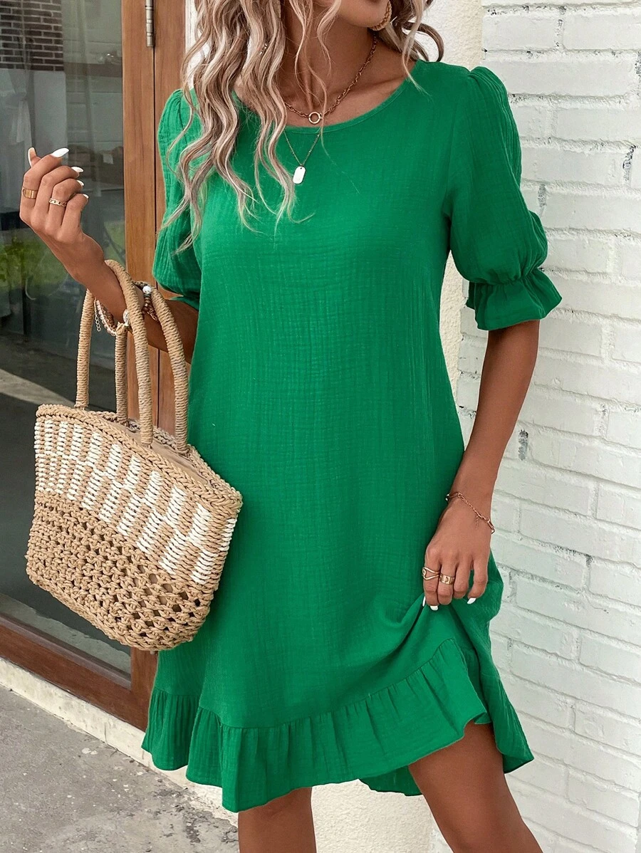 SHEIN LUNE Đầm Xù Viên lá sen màu trơn Dễ thương - màu xanh lá - Xem 1