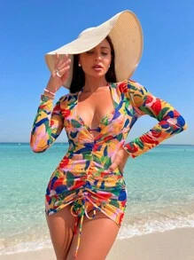 熱帶圖案掛脖三角杯比基尼泳裝帶拉繩罩衫 - 彩色 - 查看 1