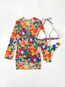 熱帶圖案掛脖三角杯比基尼泳裝帶拉繩罩衫 - 彩色 - 查看 5