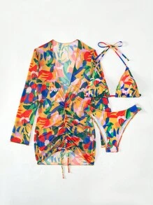 熱帶圖案掛脖三角杯比基尼泳裝帶拉繩罩衫 - 彩色 - 查看 6