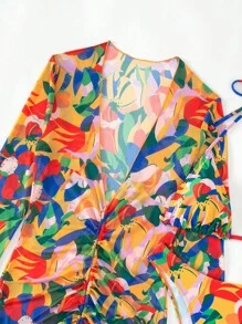 熱帶圖案掛脖三角杯比基尼泳裝帶拉繩罩衫 - 彩色 - 查看 8