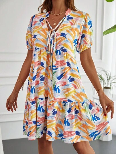 EURMUSE Allover Print Tie Neck Ruffle Hem Smock Dress