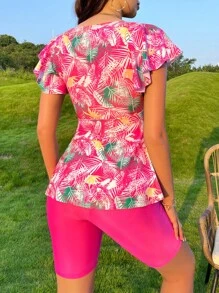 Swim Lushoire Tankini con estampado tropical de verano y ribete de volantes - Rosa Fucsia - Ver 2