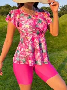 Swim Lushoire Tankini con estampado tropical de verano y ribete de volantes - Rosa Fucsia - Ver 3
