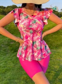 Swim Lushoire Tankini con estampado tropical de verano y ribete de volantes - Rosa Fucsia - Ver 4