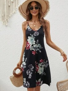 SHEIN VCAY Floral Print Cami Dress - Black - View 1