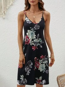 SHEIN VCAY Floral Print Cami Dress - Black - View 3