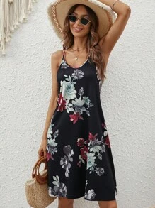 SHEIN VCAY Floral Print Cami Dress - Black - View 5