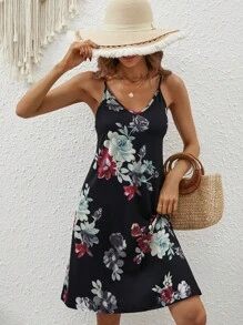 SHEIN VCAY Floral Print Cami Dress - Black - View 6