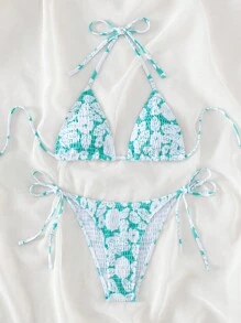 Swim Mod Summer Beach Floral Print Smocked Halter Triangle Bikini Set - Multicolor - View 3