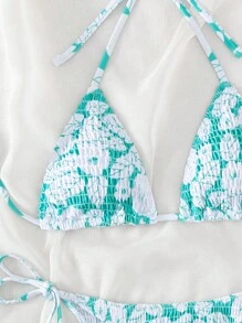Swim Mod Summer Beach Floral Print Smocked Halter Triangle Bikini Set - Multicolor - View 4