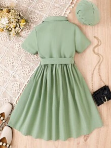 SHEIN Chicas Vestido camisero con diseño de solapa & Accesorio Sombrero - Verde militar - Ver 2