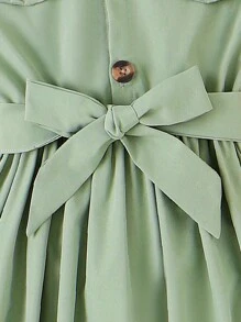 SHEIN Chicas Vestido camisero con diseño de solapa & Accesorio Sombrero - Verde militar - Ver 3