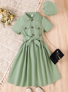 SHEIN Chicas Vestido camisero con diseño de solapa & Accesorio Sombrero - Verde militar - Ver 5