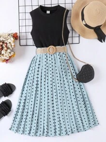 女孩素色背心上衣和波點圖案腰帶半身裙 - 彩色 - 查看 1
