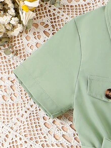 SHEIN Chicas Vestido camisero con diseño de solapa & Accesorio Sombrero - Verde militar - Ver 6