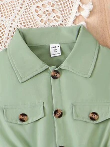 SHEIN Chicas Vestido camisero con diseño de solapa & Accesorio Sombrero - Verde militar - Ver 7