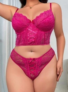 PetitDoll Bộ đồ lót áo ngực và quần lót có gọng ren hoa Plus, nâng ngực - Màu Hồng Tươi - Xem 4