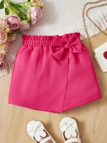 SHEIN Quần Short Gái Trọn gói Nơ trước Quần paper-bag màu trơn Dễ thương - Màu Hồng Tươi - Xem 1
