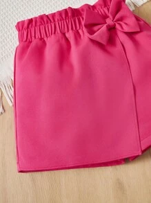 SHEIN Quần Short Gái Trọn gói Nơ trước Quần paper-bag màu trơn Dễ thương - Màu Hồng Tươi - Xem 3