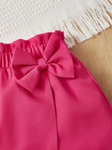 SHEIN Quần Short Gái Trọn gói Nơ trước Quần paper-bag màu trơn Dễ thương - Màu Hồng Tươi - Xem 4