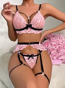 SHEIN Floral Lace Harness Garter Lingerie Set - Baby Pink - View 1