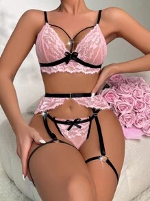 SHEIN Floral Lace Harness Garter Lingerie Set - Baby Pink - View 3