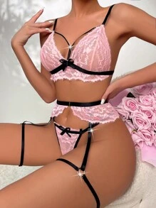 SHEIN Floral Lace Harness Garter Lingerie Set - Baby Pink - View 6