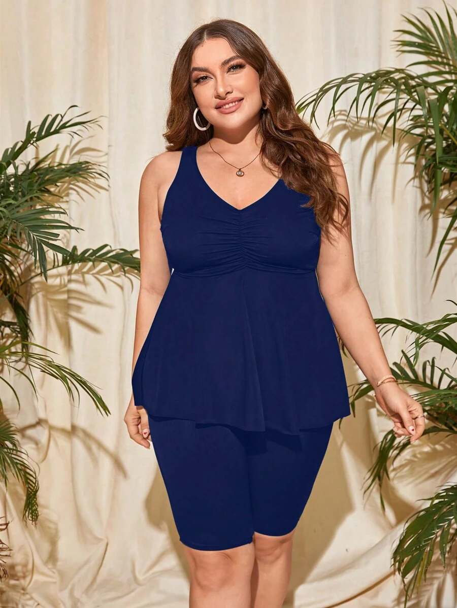 SHEIN Swim Curve Plus Size Ruched Bust Swim Dress Summer Beach - Navy Blue - View 1