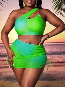 SHEIN Swim Curve 大尺碼漸層一肩比基尼套裝搭配沙灘裙夏季海灘 - 綠色 - 查看 1