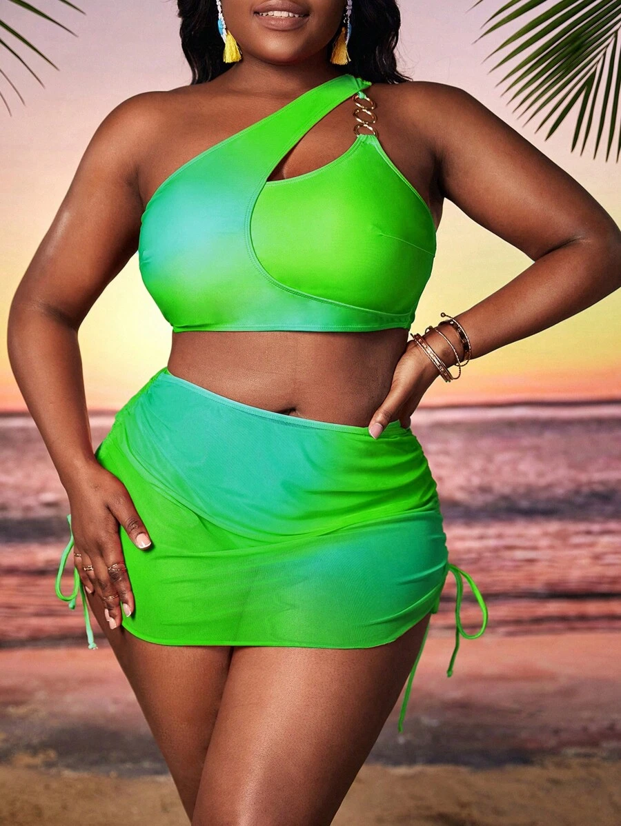 SHEIN Swim Curve 大尺碼漸層一肩比基尼套裝搭配沙灘裙夏季海灘 - 綠色 - 查看 1