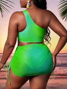 SHEIN Swim Curve 大尺碼漸層一肩比基尼套裝搭配沙灘裙夏季海灘 - 綠色 - 查看 2