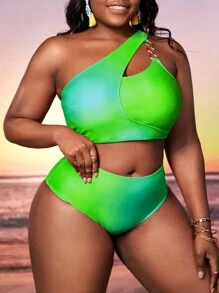 SHEIN Swim Curve 大尺碼漸層一肩比基尼套裝搭配沙灘裙夏季海灘 - 綠色 - 查看 3